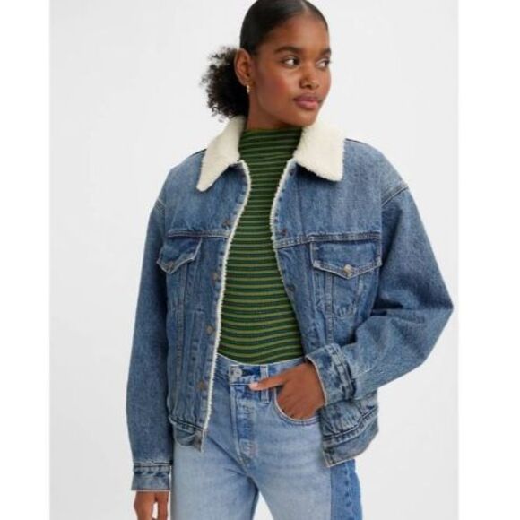 WOMEN'S LEVI'S EX-BOYFRIEND TRUCKER JEAN JACKET Sherpa Premium Snap Small - Picture 1 of 7
